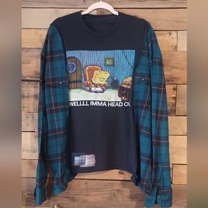 Upcycled Plaid and Graphic Long Sleeve Shirt